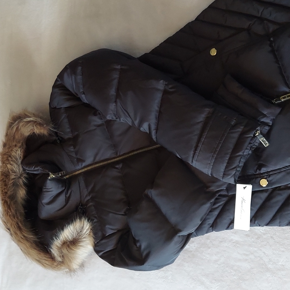 Kenneth Cole NY Mocha Faux Fur Detachable Hood Down Filled Full Zip Puffer Coat